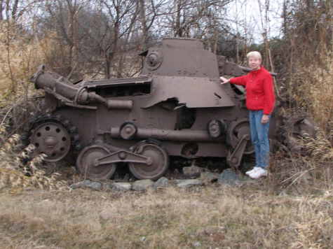 Model in front of Japanese tank
