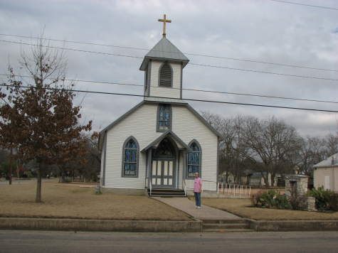 Model in front of church